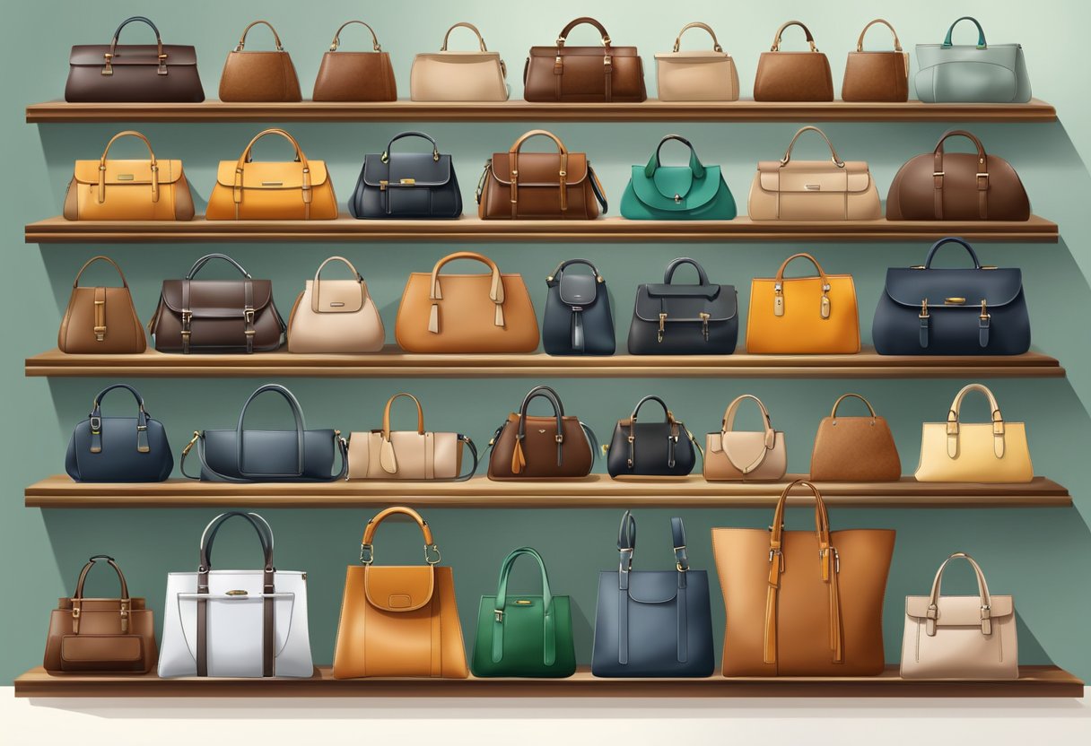 A display of vegan leather bags in various styles and colors, arranged neatly on shelves or hanging from hooks in a modern, eco-friendly boutique