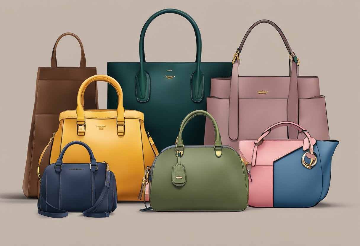 A display of various vegan leather bags from different brands and designers, showcasing a range of styles, colors, and sizes