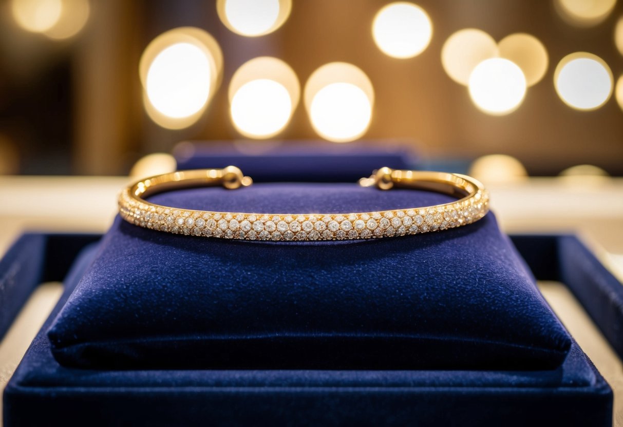 A shimmering 18k gold bracelet rests on a velvet jewelry display, catching the light and casting a warm glow