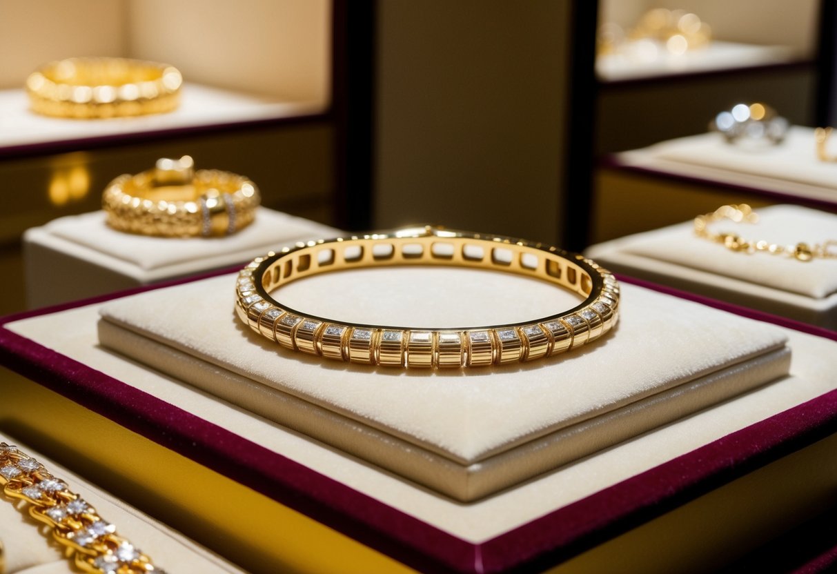 A gleaming 18k gold bracelet lies on a velvet-lined display case, surrounded by other exquisite pieces of gold jewelry. The room is softly lit, casting a warm glow on the precious metal