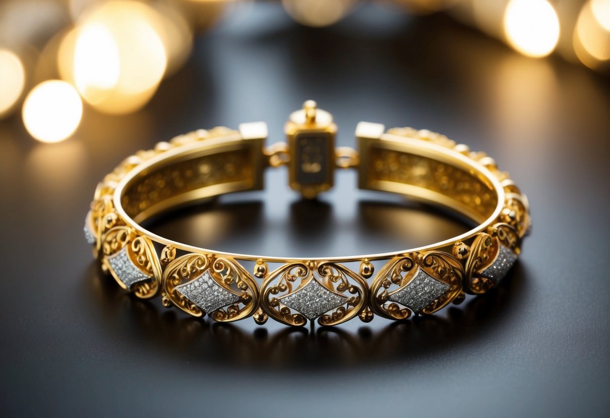 An intricately designed 18K gold bracelet gleams under the soft lighting, showcasing the fine craftsmanship and attention to detail