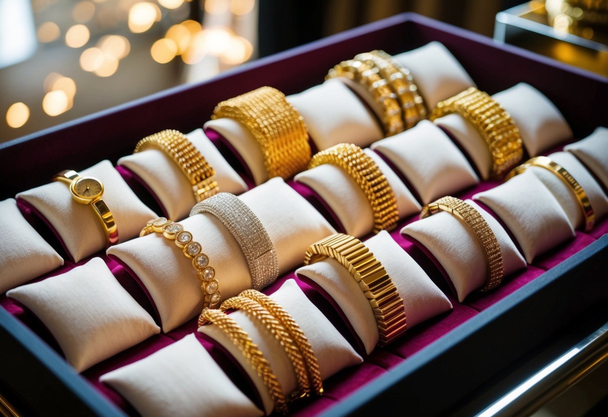 A display of various 18K gold bracelets arranged on a velvet-lined tray, catching the light and showcasing their unique designs and textures