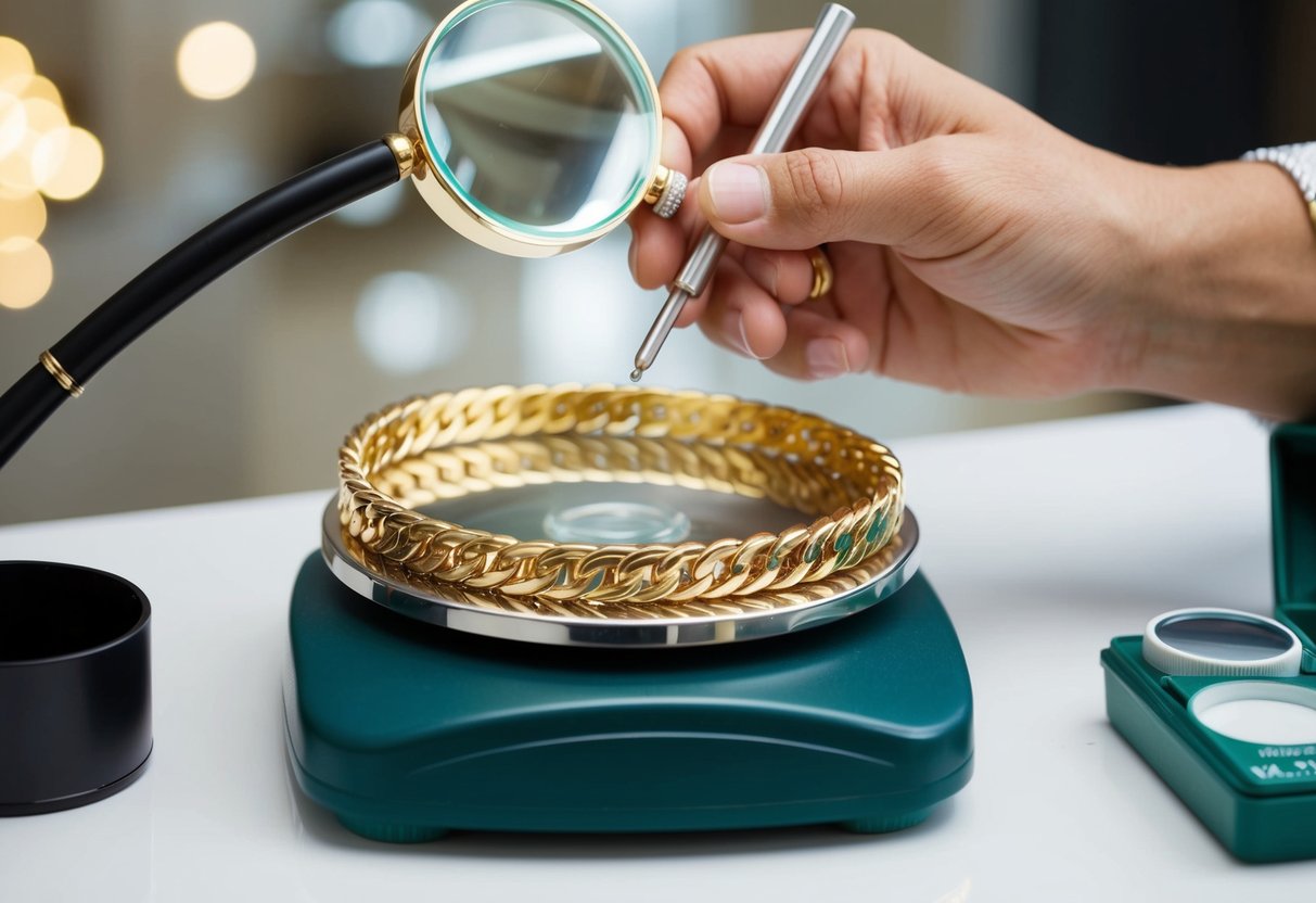 An 18k gold bracelet is placed on a jeweler's scale, alongside a magnifying glass and a testing kit. The jeweler carefully examines and tests the bracelet to verify its authenticity