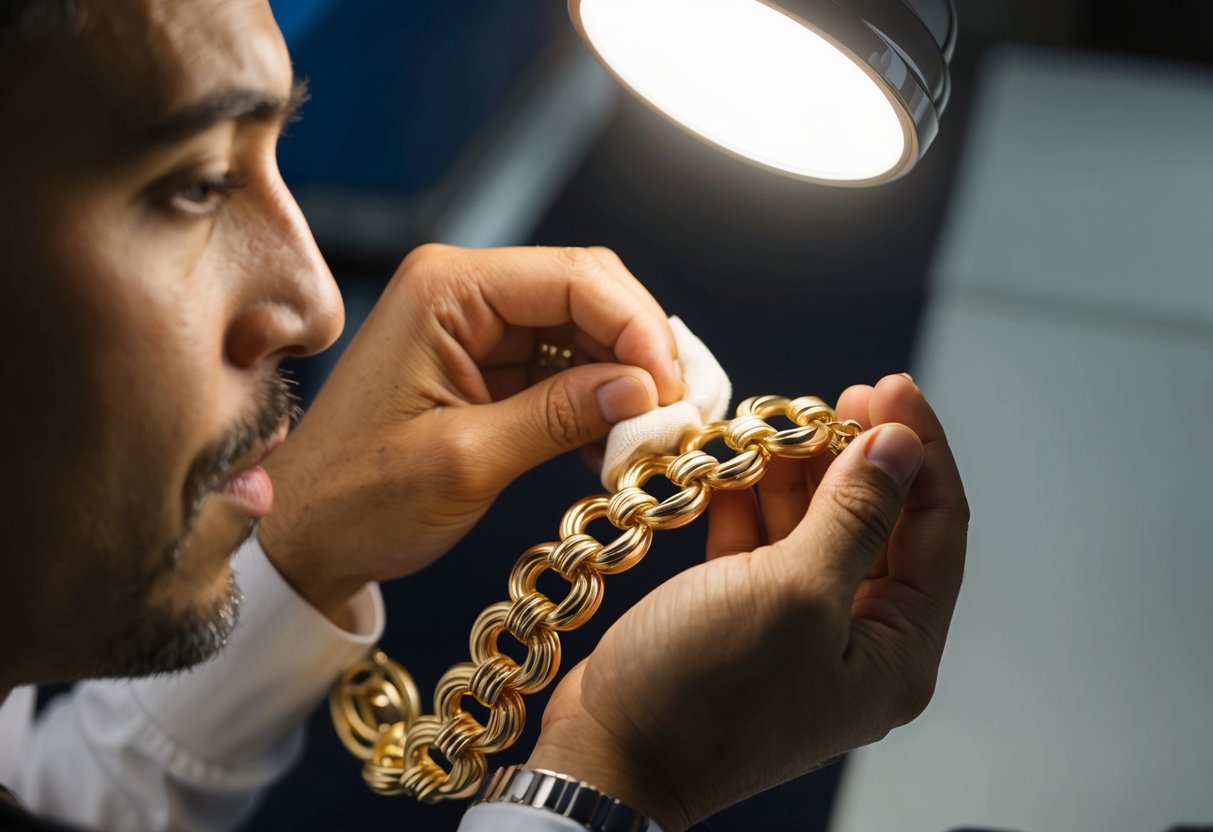 A jeweler delicately polishing an 18K gold bracelet with a soft cloth, carefully inspecting its intricate design under a bright light