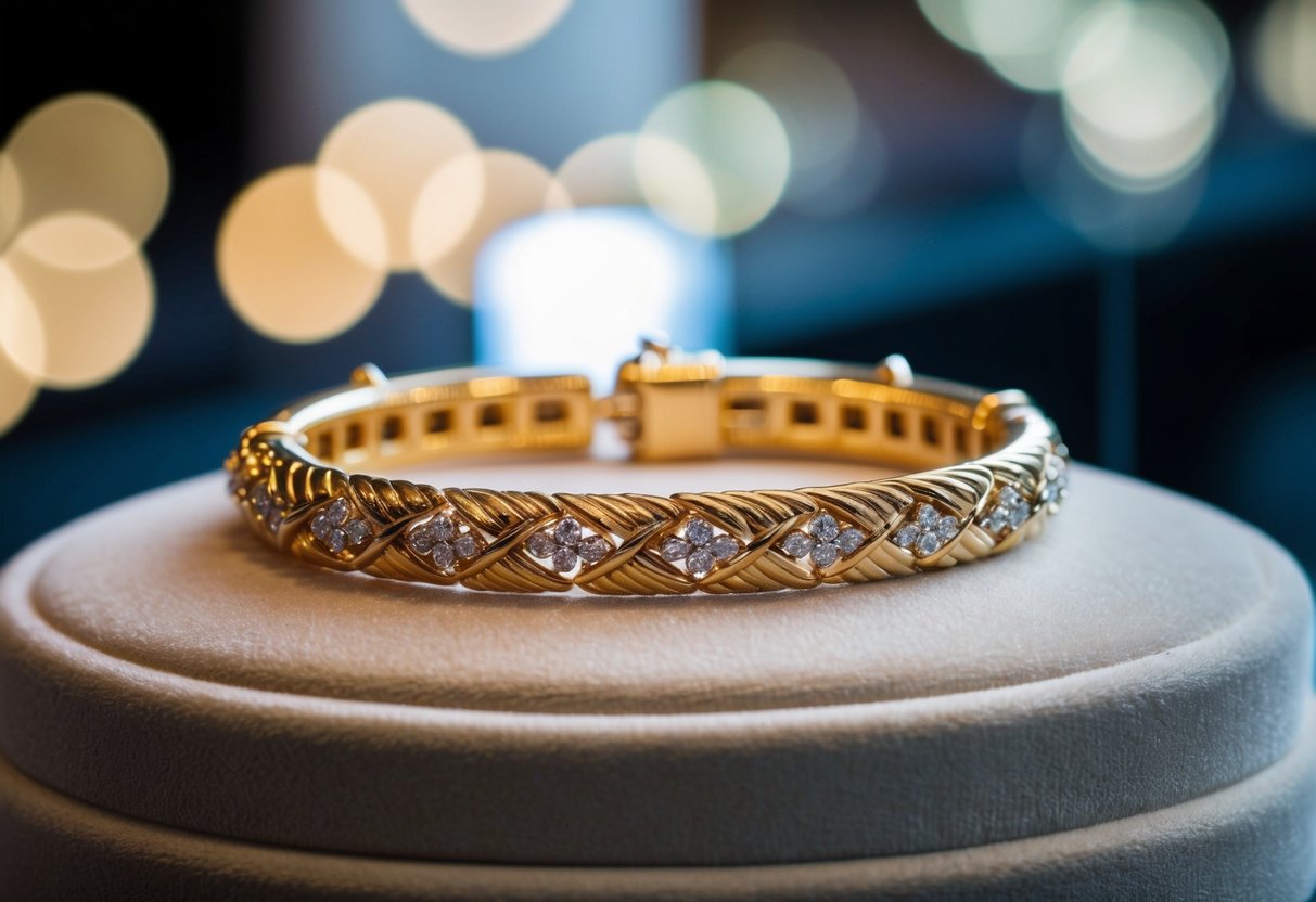 A close-up of an 18k gold bracelet on a velvet display, catching the light to showcase its intricate design and luxurious shine