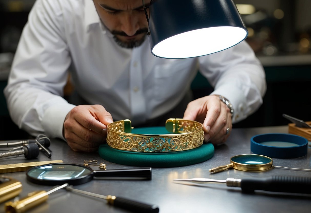 A jeweler carefully inspects an 18K gold bracelet, examining its intricate design and smooth finish under bright lighting. Various tools and magnifying glasses are scattered across the workbench