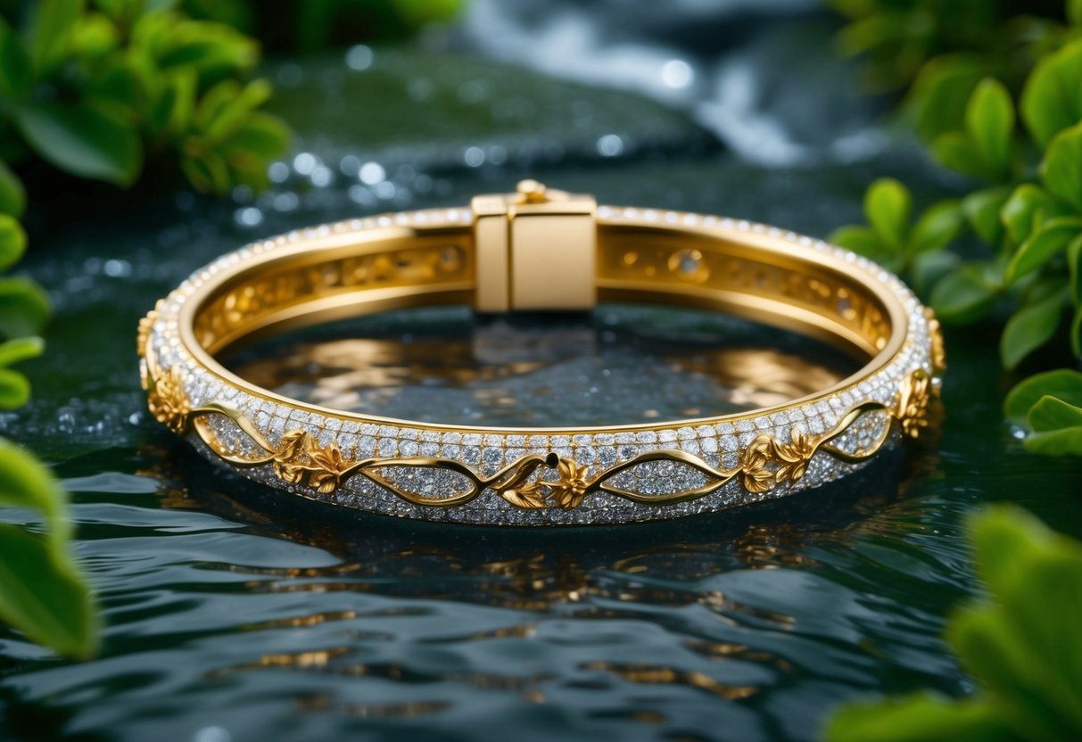 A sparkling 18k gold bracelet, adorned with delicate, nature-inspired motifs. The bracelet is surrounded by lush greenery and flowing water, symbolizing sustainable and ethical gold sourcing