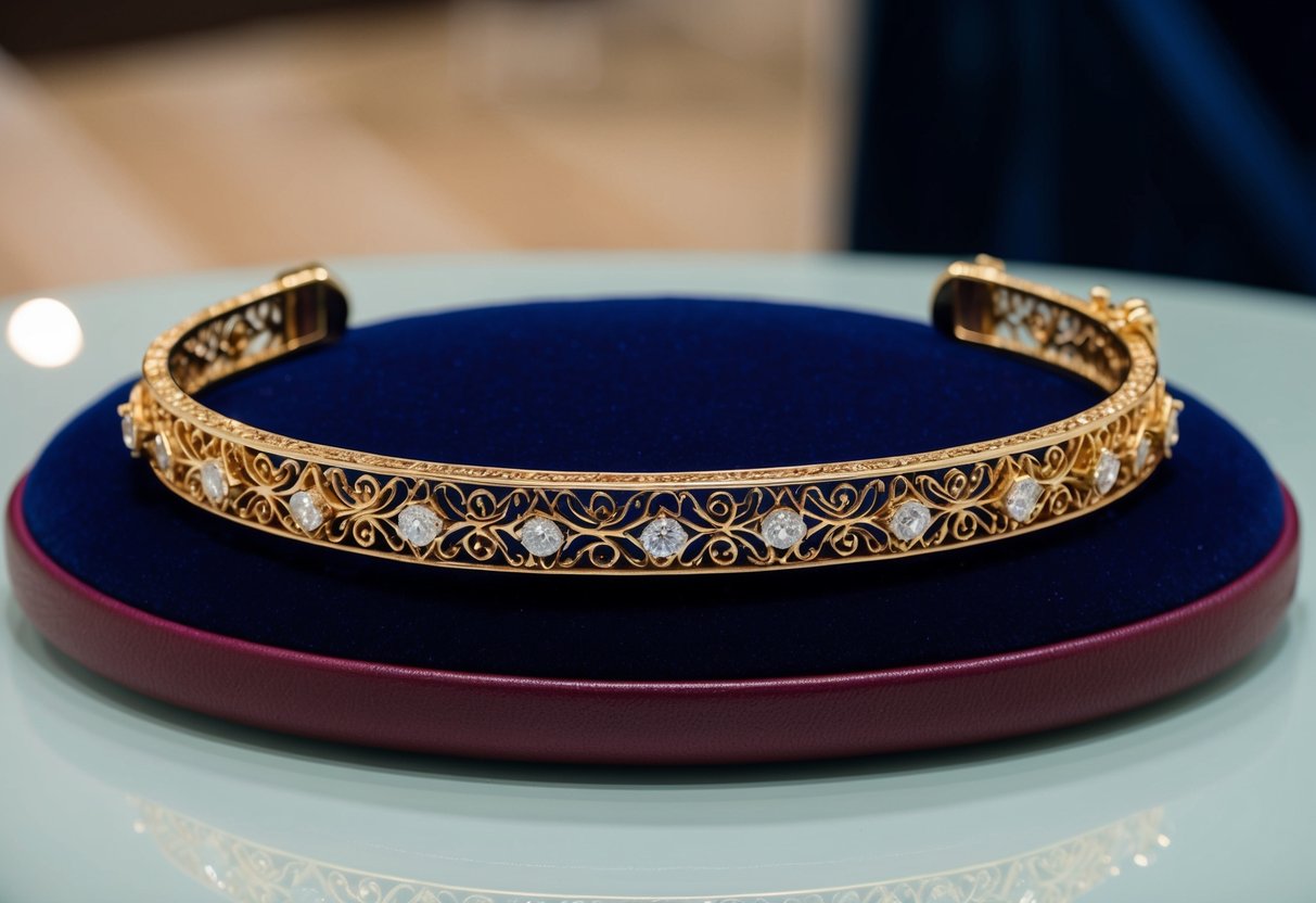 A 18K gold bracelet adorned with intricate filigree patterns and delicate gemstone accents, resting on a velvet display cushion