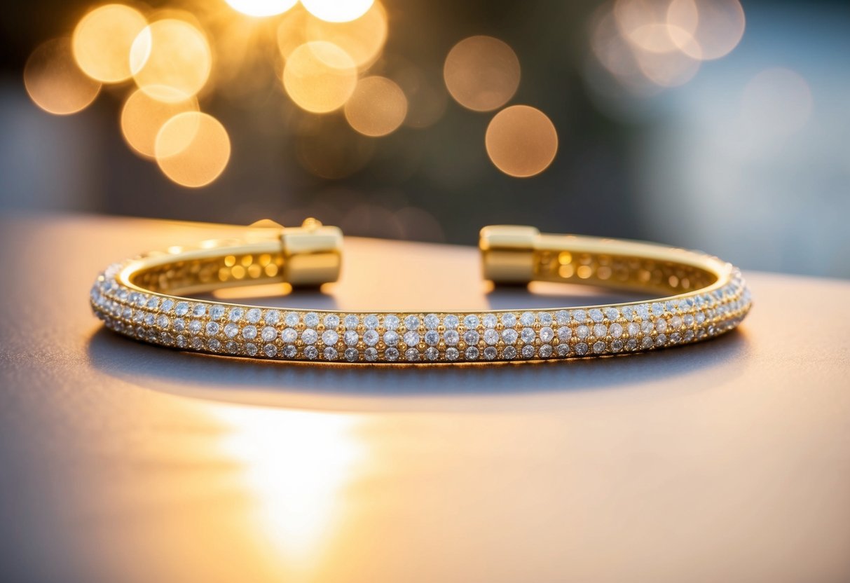 A sparkling 18K gold bracelet shines under the warm sunlight, its intricate design catching the eye with its luxurious and elegant allure