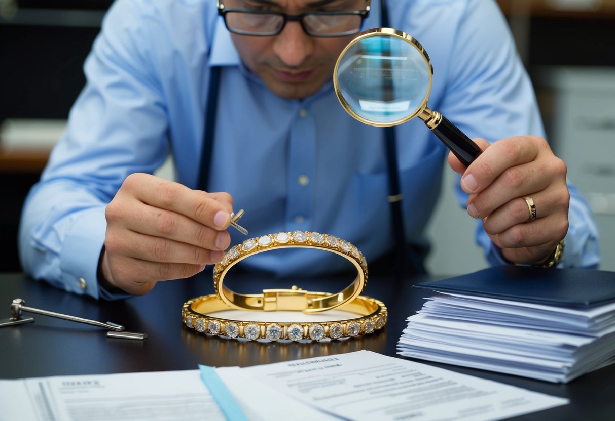 A jeweler carefully examines and appraises an 18K gold bracelet, using a magnifying glass and precision tools. A stack of insurance documents sits nearby