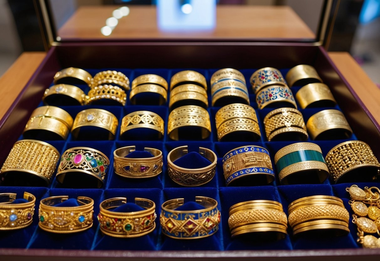 A display of 18K gold bracelets from various cultures arranged on a velvet-lined tray, showcasing intricate designs and patterns