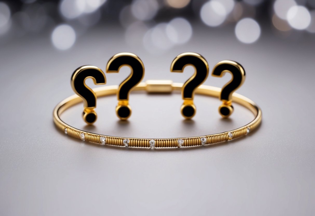 A delicate 18k gold bracelet surrounded by a cluster of question marks, symbolizing the frequently asked questions