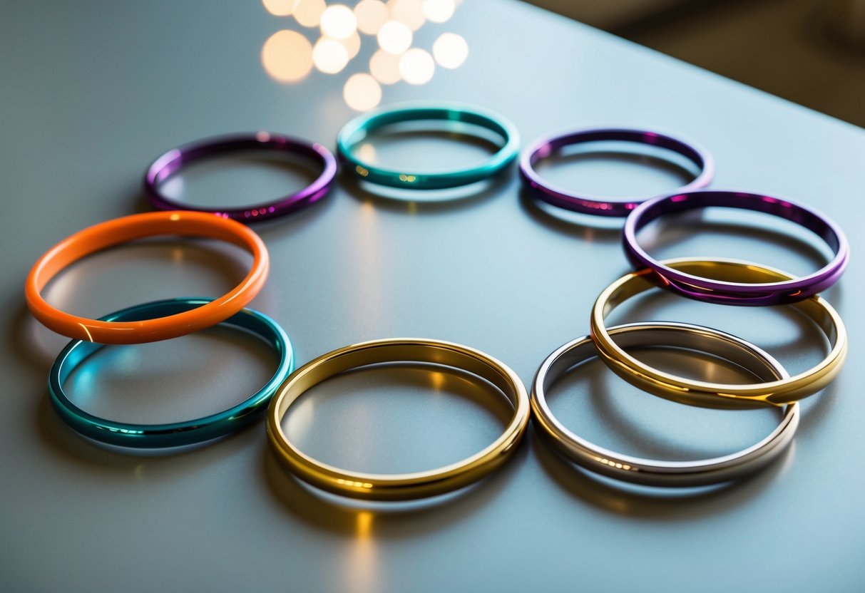 Several colorful bangle bracelets arranged in a circular pattern on a flat surface, with light reflecting off their shiny surfaces