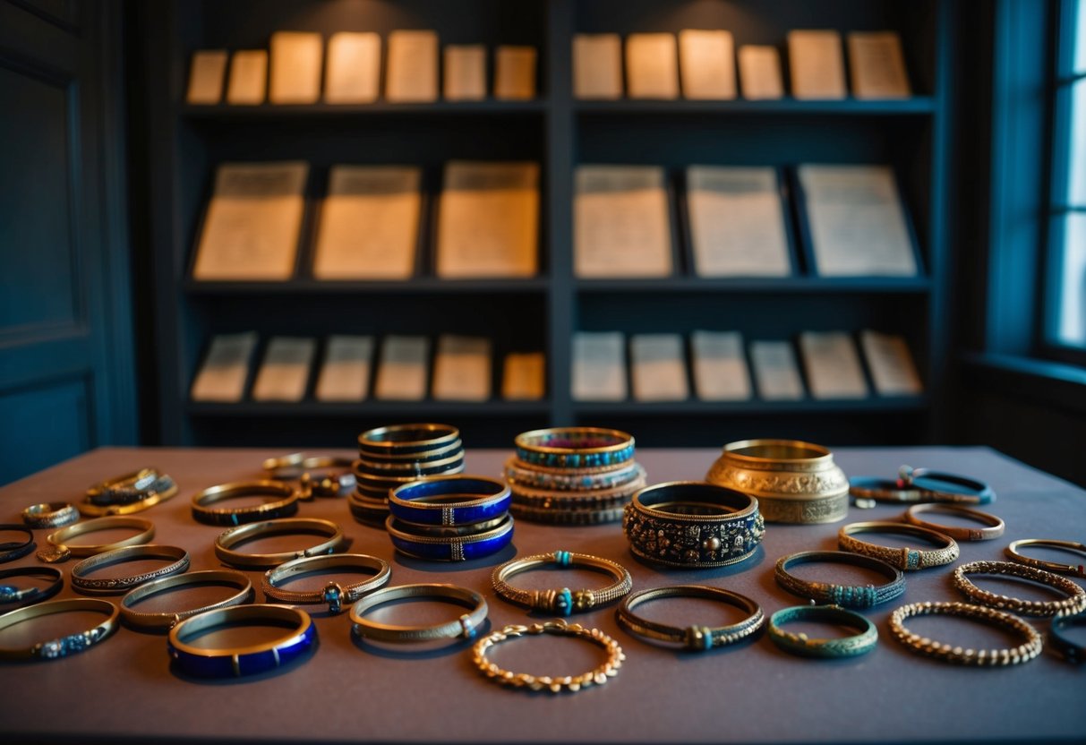 A table scattered with ancient artifacts, including bangle bracelets of various sizes and designs. A dimly lit room with shelves of historical documents in the background