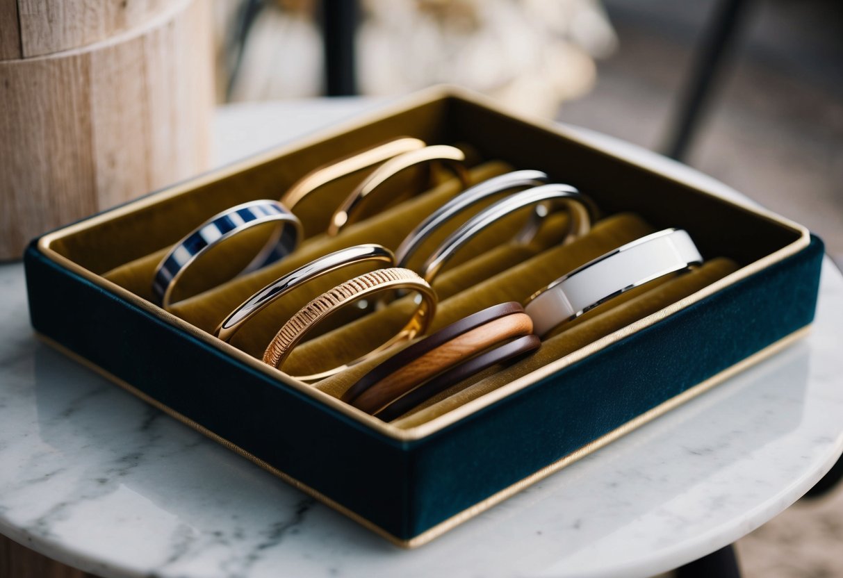 A collection of bangle bracelets displayed on a velvet-lined tray, showcasing various styles and materials such as metal, wood, and plastic