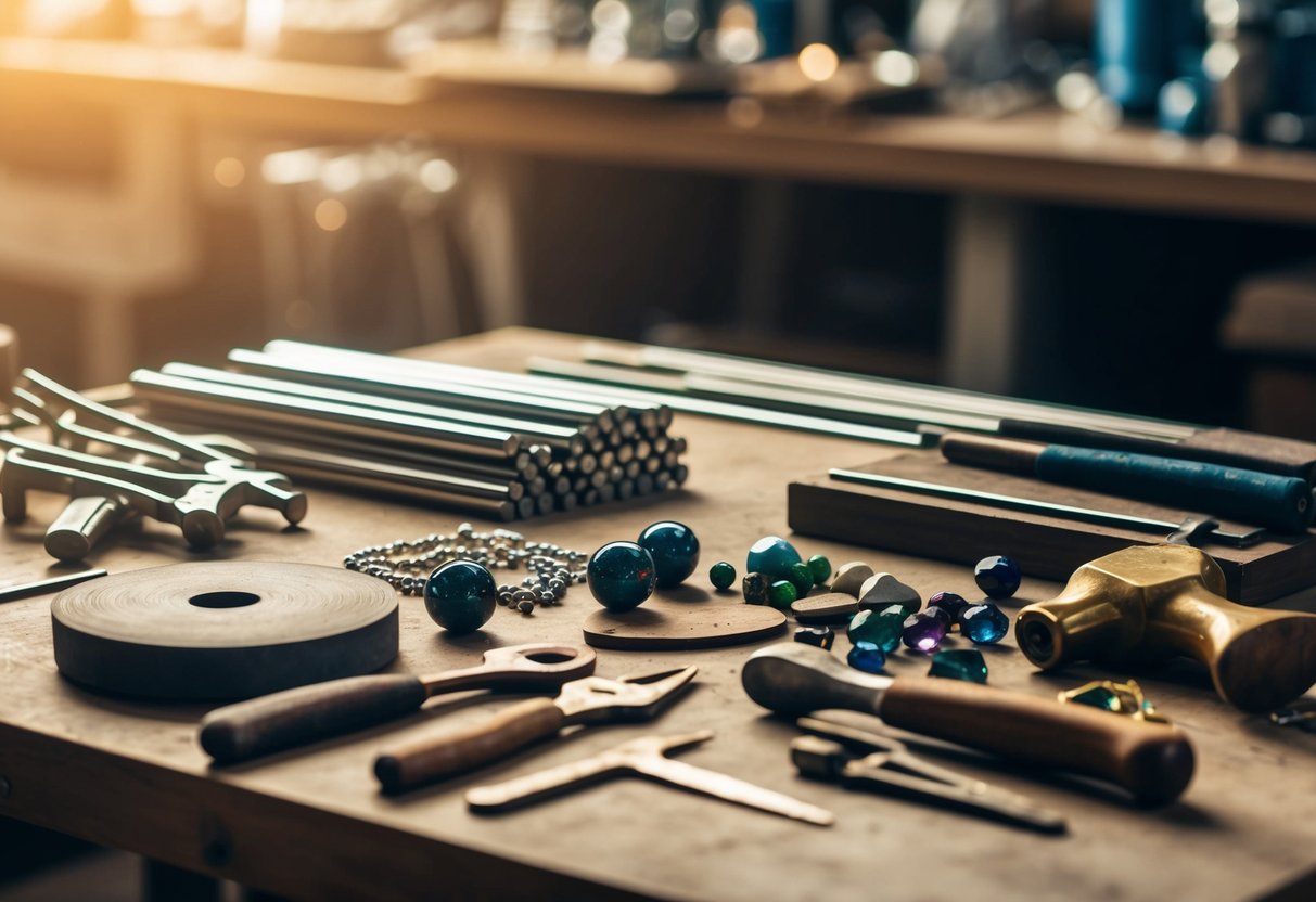 A table with various tools and materials - metal rods, beads, gemstones, and pliers. A workbench with a hammer, files, and a polishing wheel