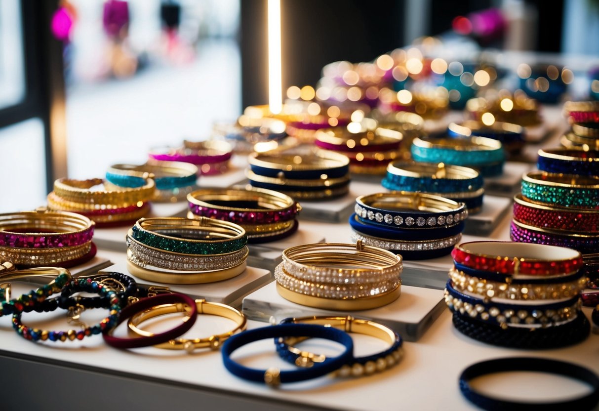 A table with an array of bangle bracelets in different colors and designs, displayed under bright lighting to showcase their details and shine