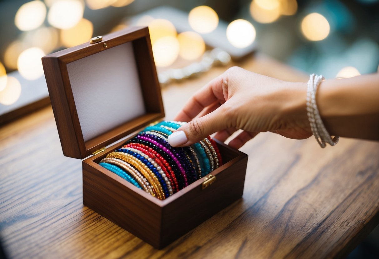 A hand reaches for a wooden jewelry box filled with colorful bangle bracelets. The bracelets are neatly organized and displayed, ready for someone to choose and wear