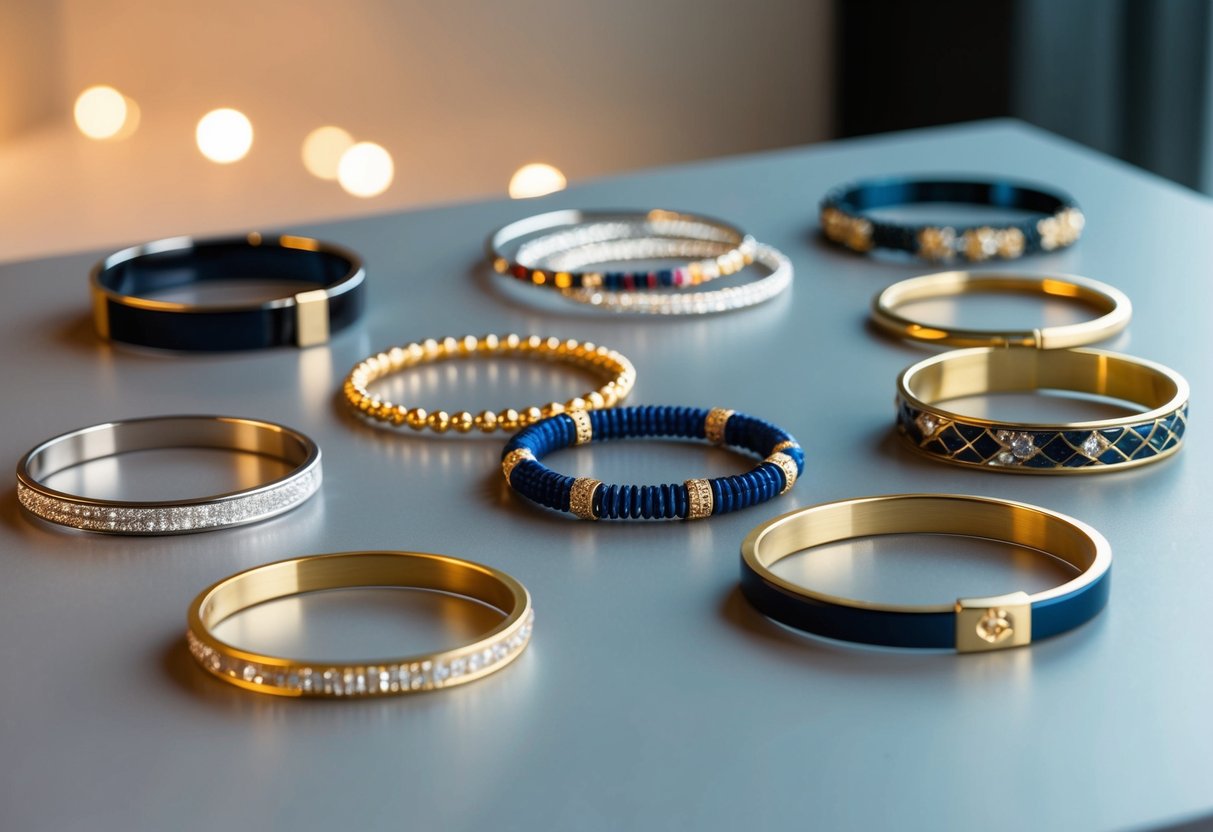 A collection of modern and traditional bangle bracelets displayed on a sleek, minimalist surface, showcasing various designs, materials, and colors