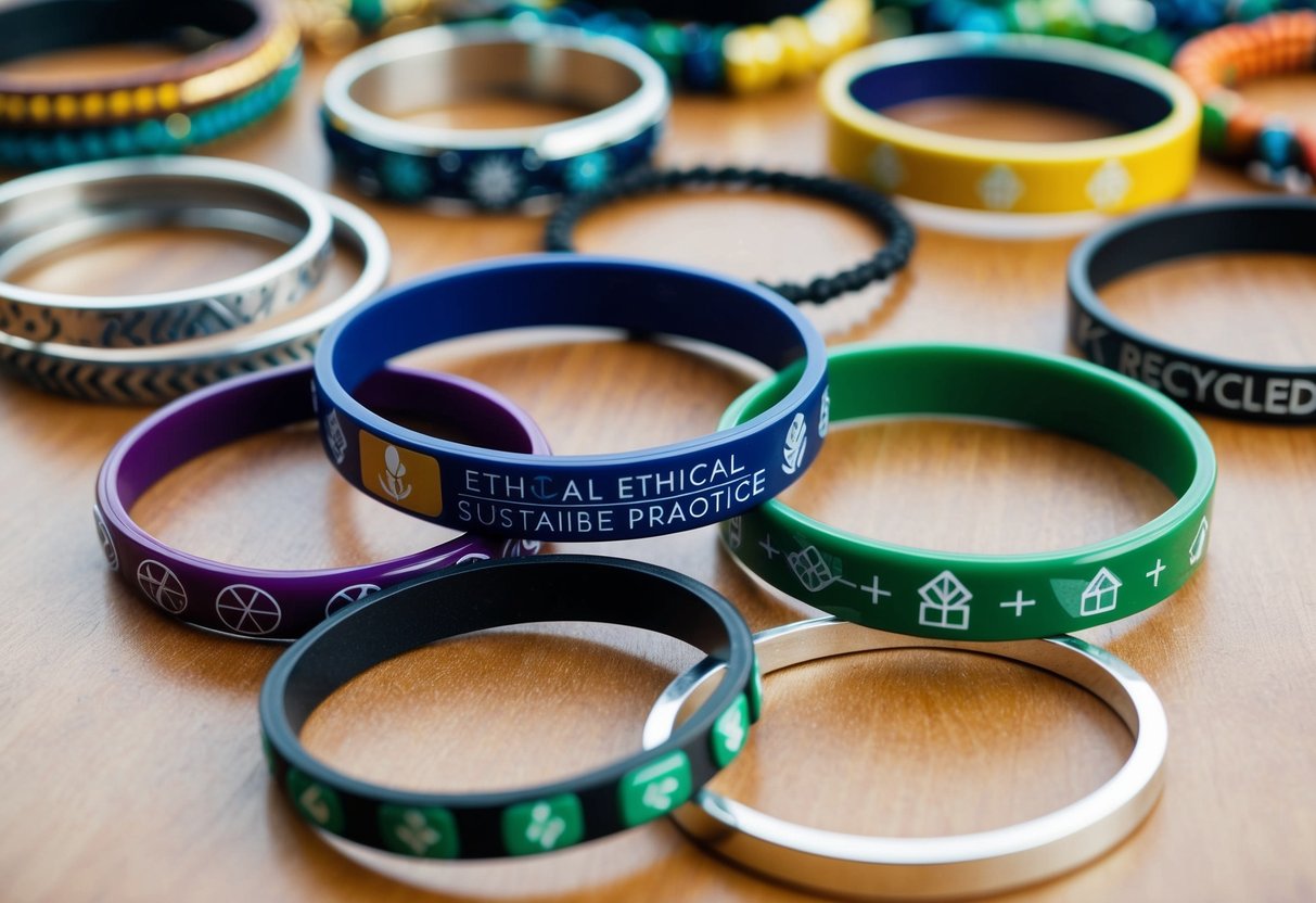 A diverse range of bangle bracelets made from recycled materials, with symbols representing ethical and sustainable practices