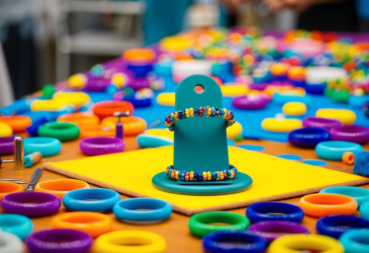 A table covered in colorful beads and tools for crafting bangle bracelets. A finished bracelet sits on a display stand