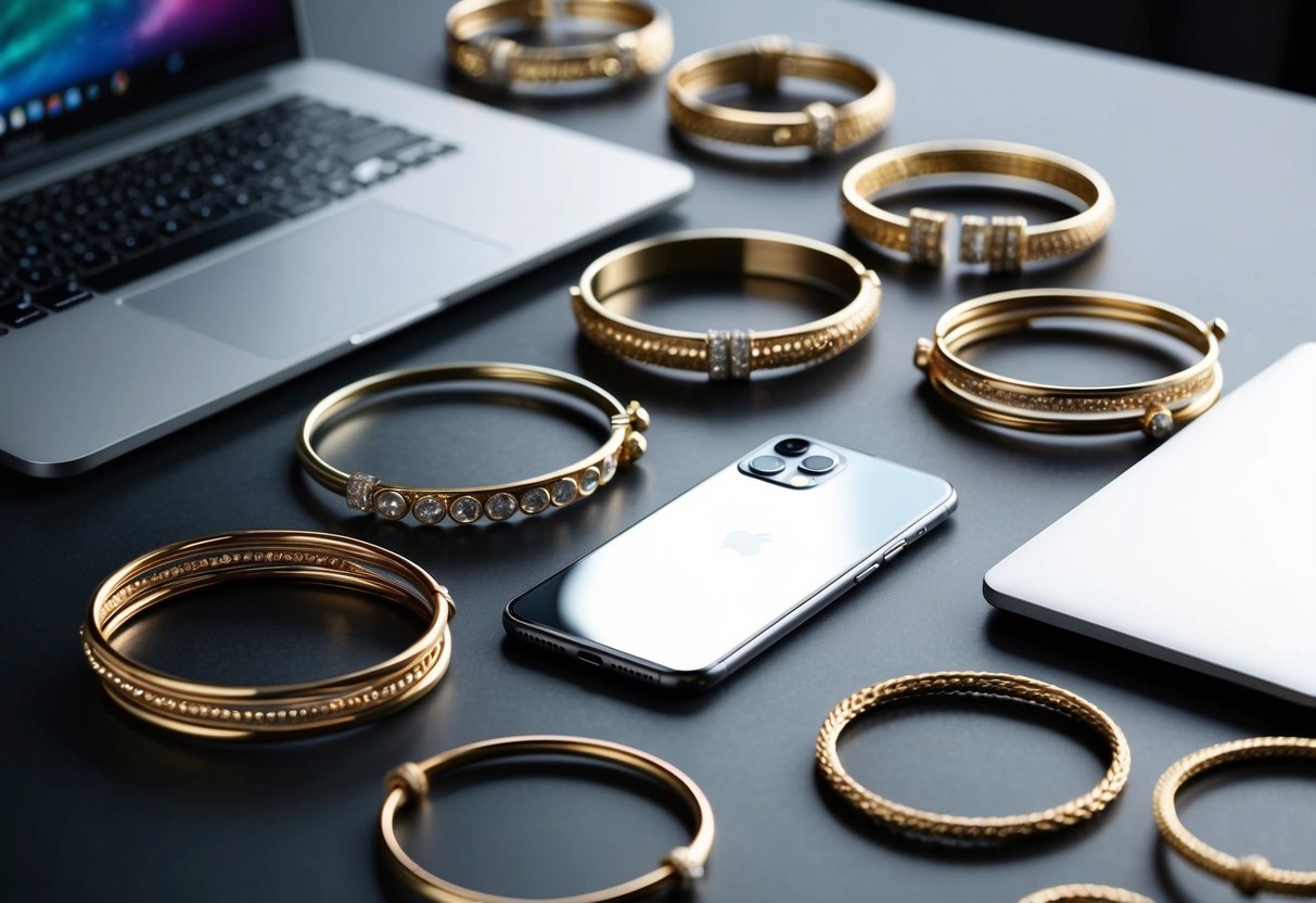 Several bangle bracelets scattered around a sleek, modern smartphone and a laptop, representing the fusion of traditional accessories with technology