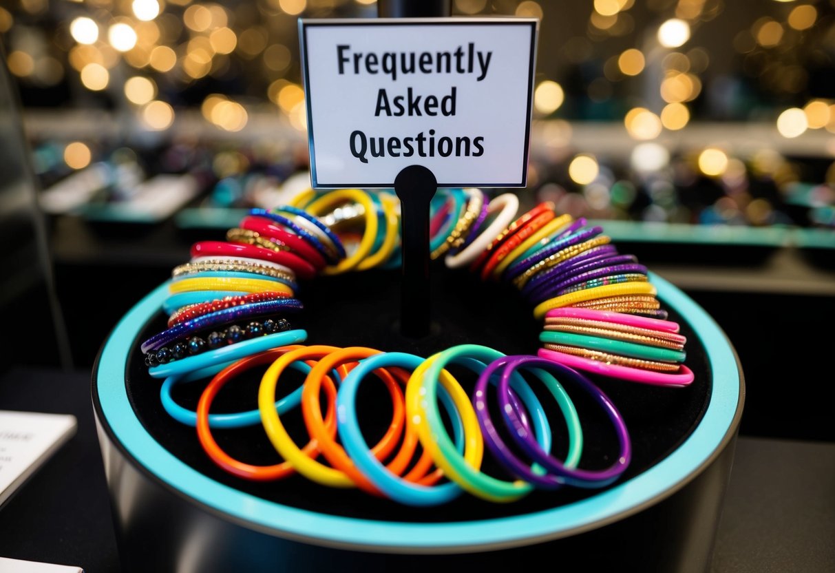 A display of colorful bangle bracelets arranged in a circular pattern, with a sign indicating "Frequently Asked Questions" above them