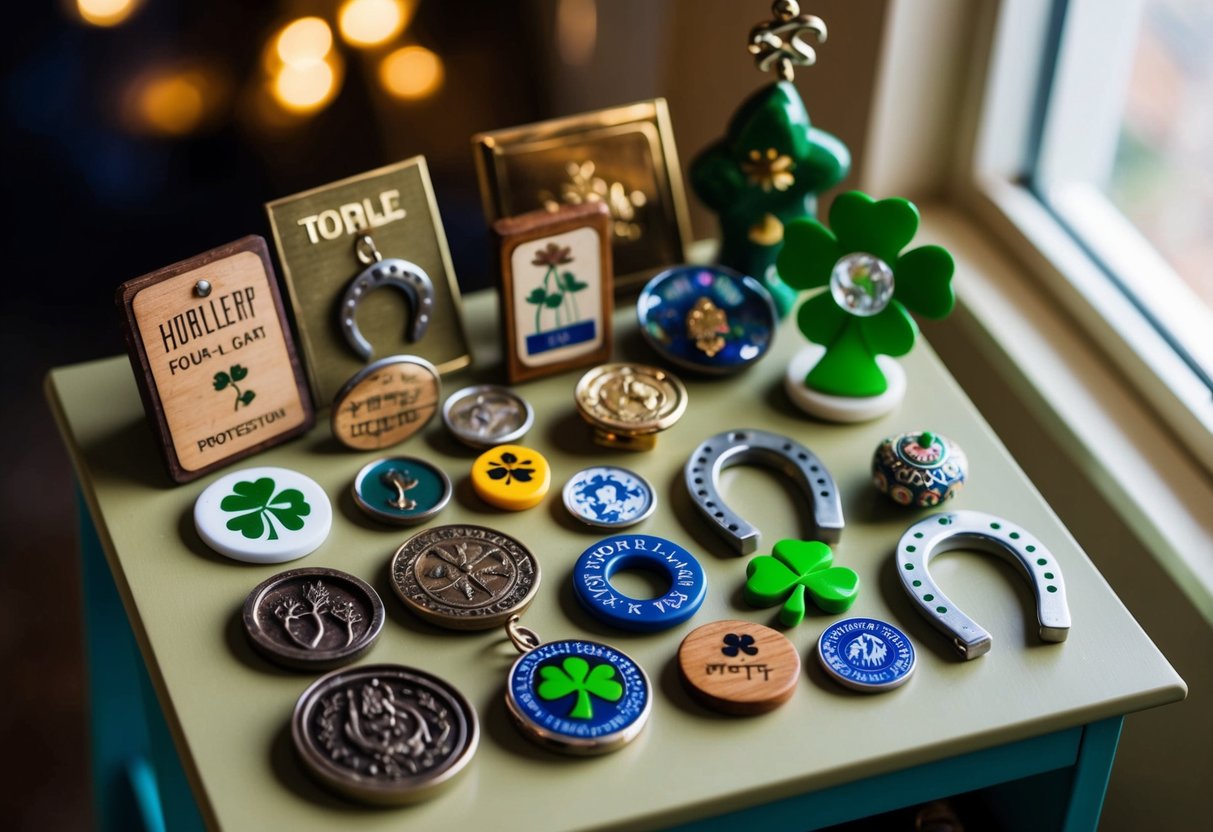 A collection of trinkets and tokens, each unique and personalized, arranged on a small table or shelf. Symbols of luck and protection, such as horseshoes, four-leaf clovers, and talismans, create a charming and whimsical display