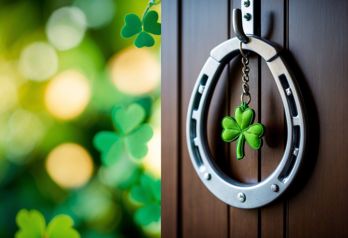 A horseshoe hanging above a door, with four-leaf clovers scattered around. A rabbit's foot keychain dangles from a hook