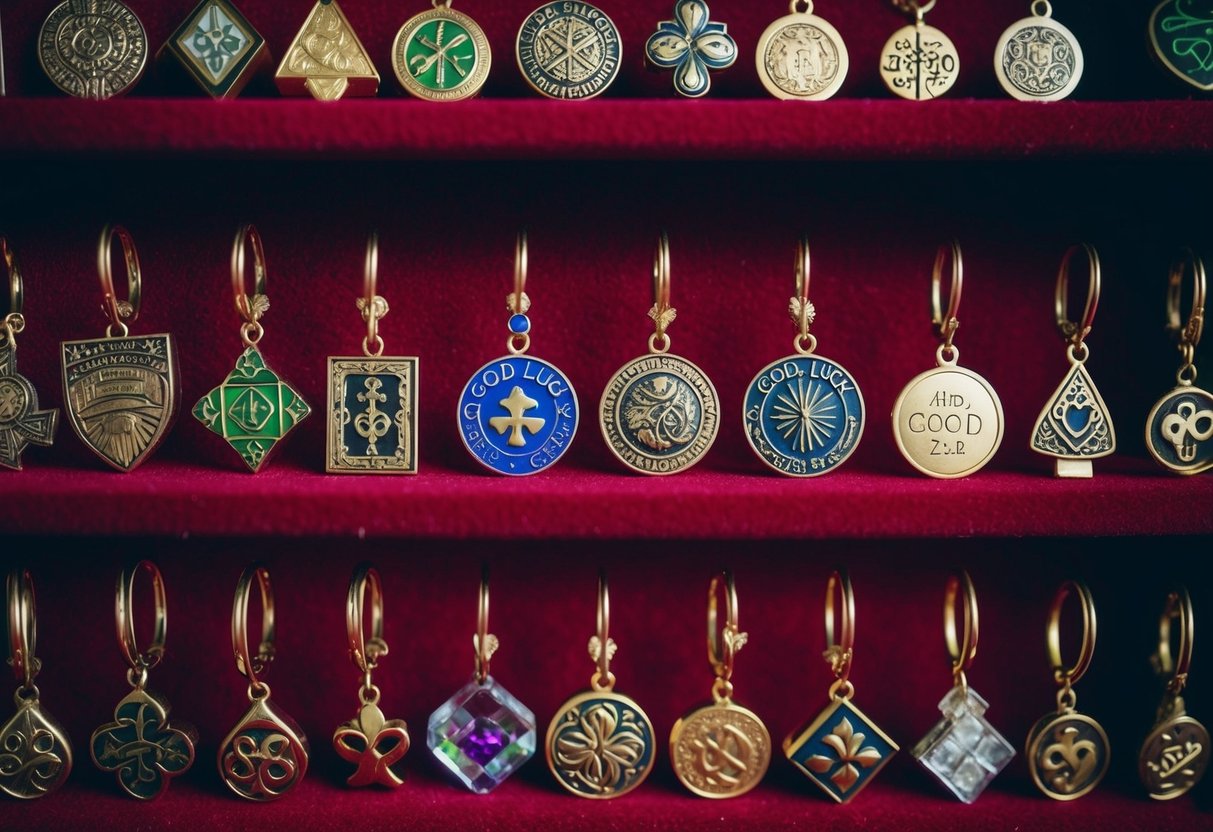 A collection of unique, personalized good luck charms, each with intricate designs and symbols, displayed on a velvet-lined shelf