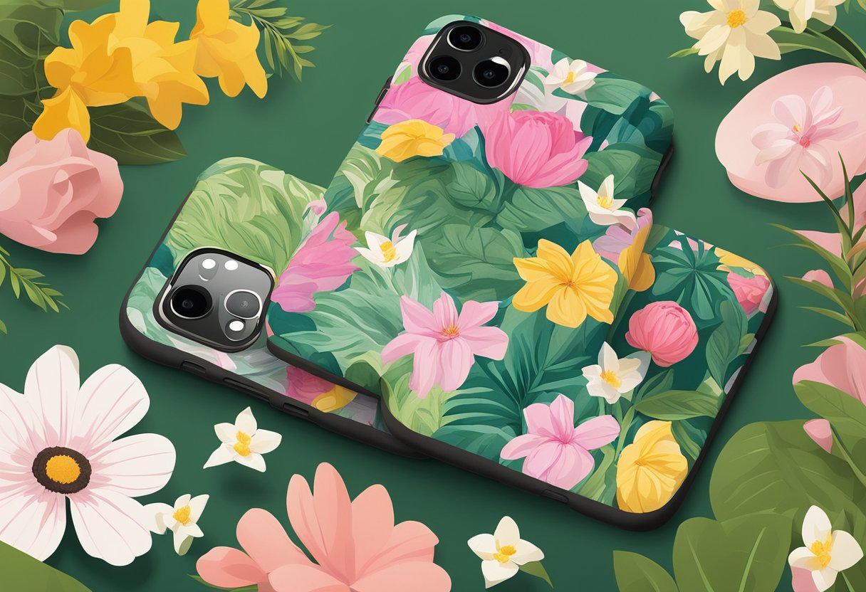 A pile of compostable phone cases sits in a lush garden, surrounded by blooming flowers and green foliage. The sun shines down on the eco-friendly materials, creating a vibrant and sustainable scene