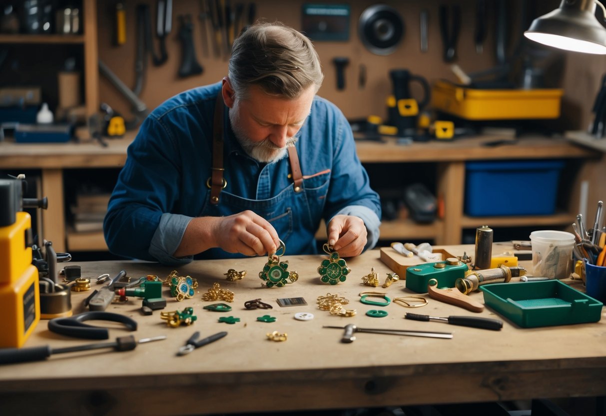 A small workbench cluttered with tools and materials. A craftsman meticulously assembles personalized good luck charms, carefully selecting each element for its symbolism and craftsmanship