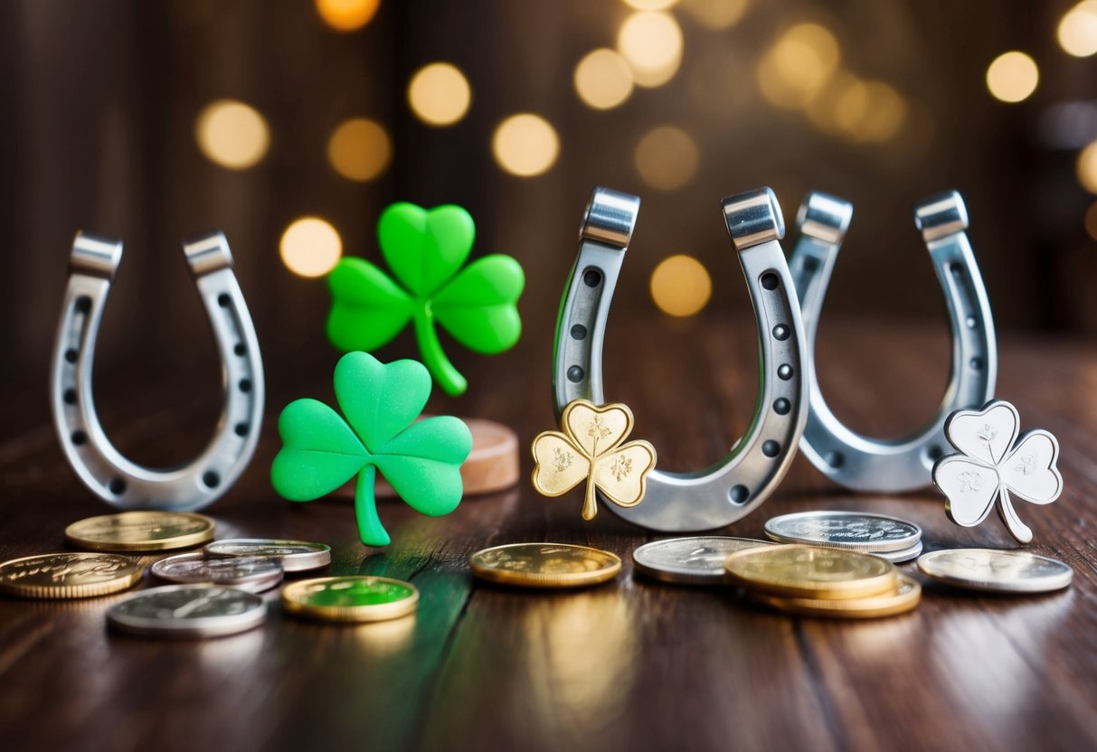 A collection of personalized good luck charms displayed on a wooden table, including horseshoes, four-leaf clovers, and lucky coins