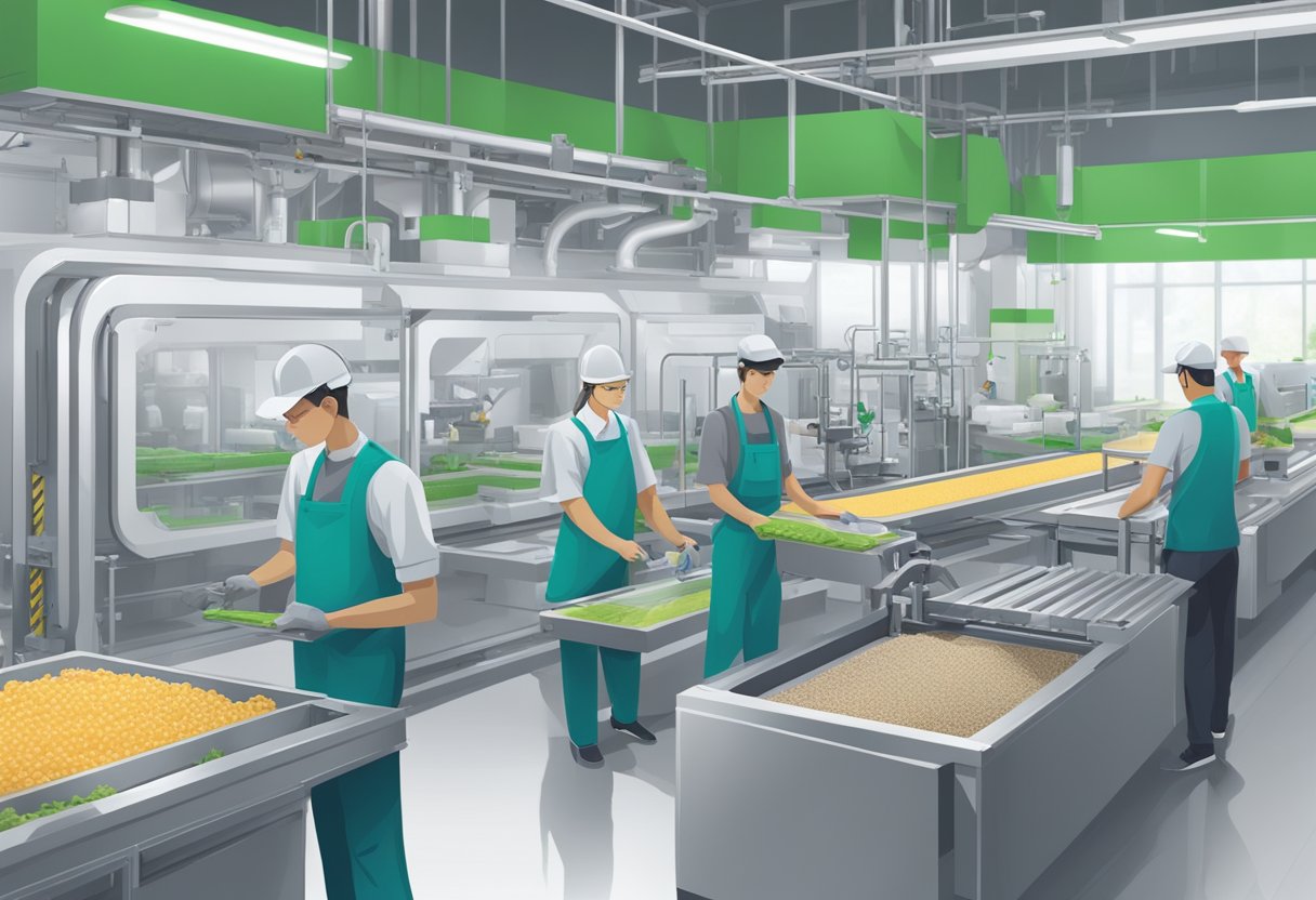 An industrial facility with machinery processing plant-based materials into compostable phone cases. Workers oversee the production line, which includes molding, trimming, and packaging processes