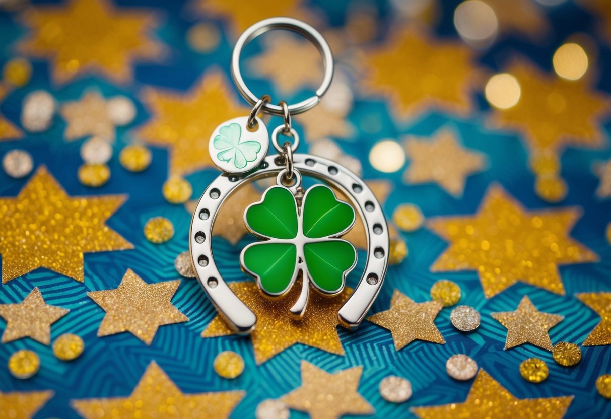 A four-leaf clover charm dangles from a keychain, surrounded by glittering stars and a horseshoe, all arranged on a vibrant, patterned background