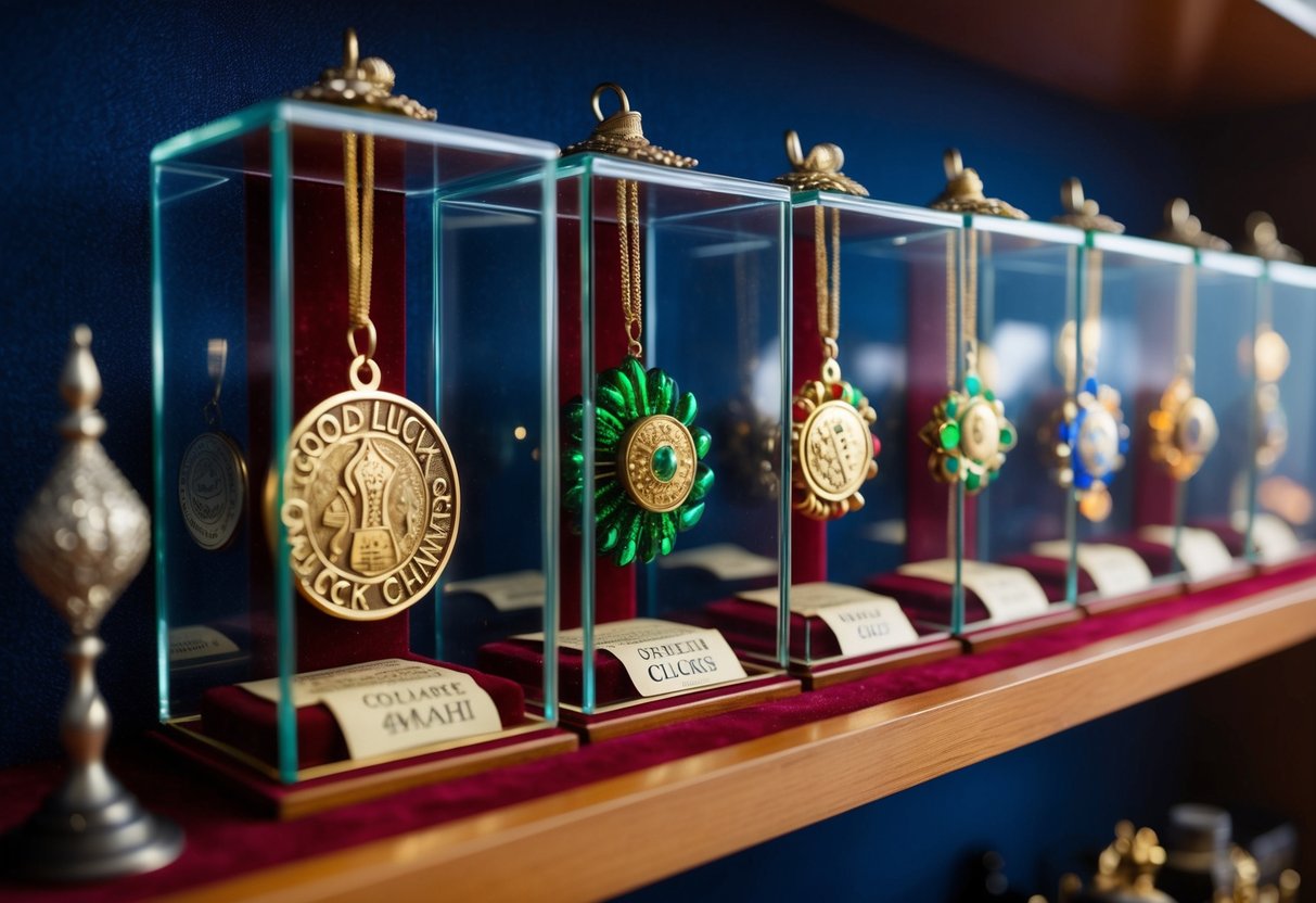 A collection of unique, handcrafted good luck charms displayed on a velvet-lined shelf, each one carefully labeled and preserved in a glass case