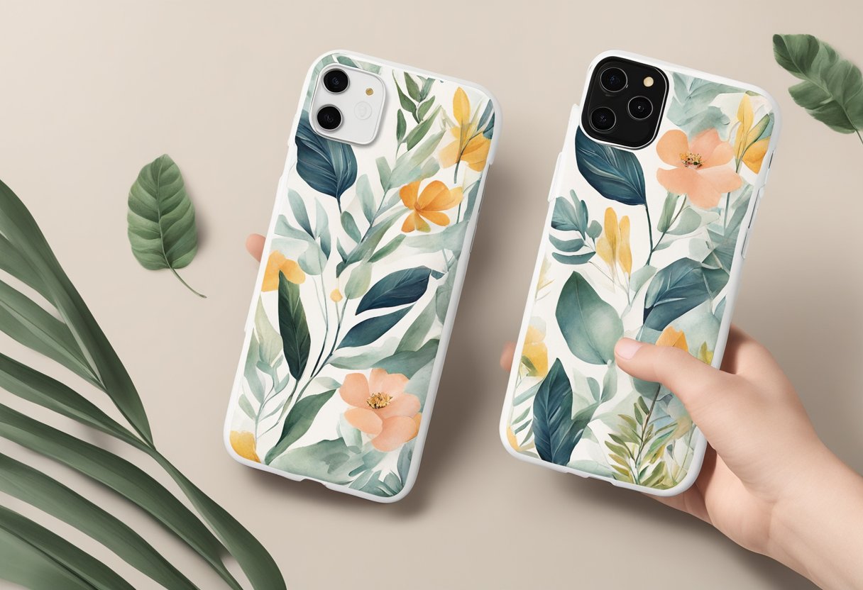 A hand holding a compostable phone case, with a sleek and modern design. The case is made of sustainable materials and features a secure fit for the phone