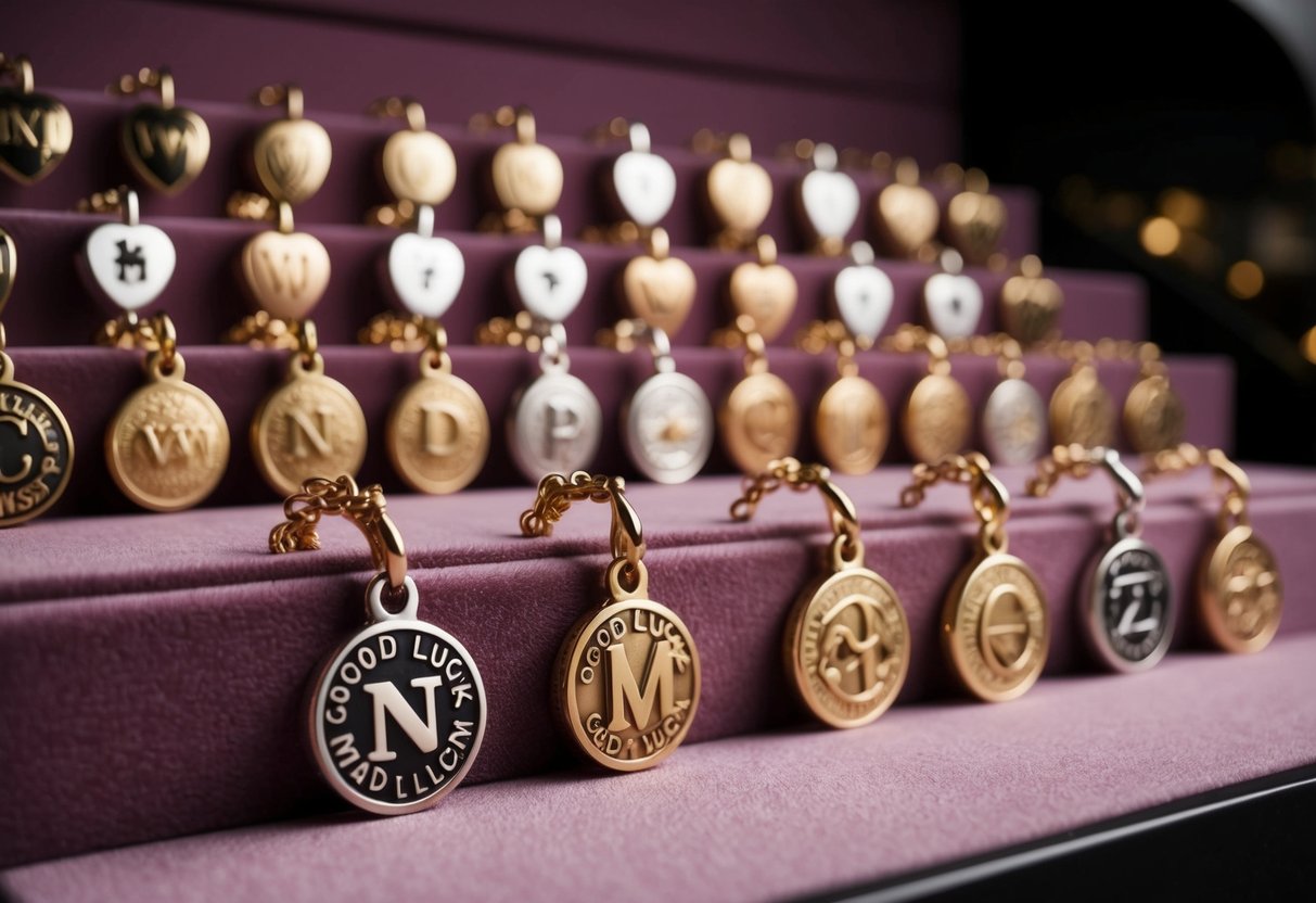 A collection of unique good luck charms, each customized with initials and symbols, displayed on a velvet-lined shelf