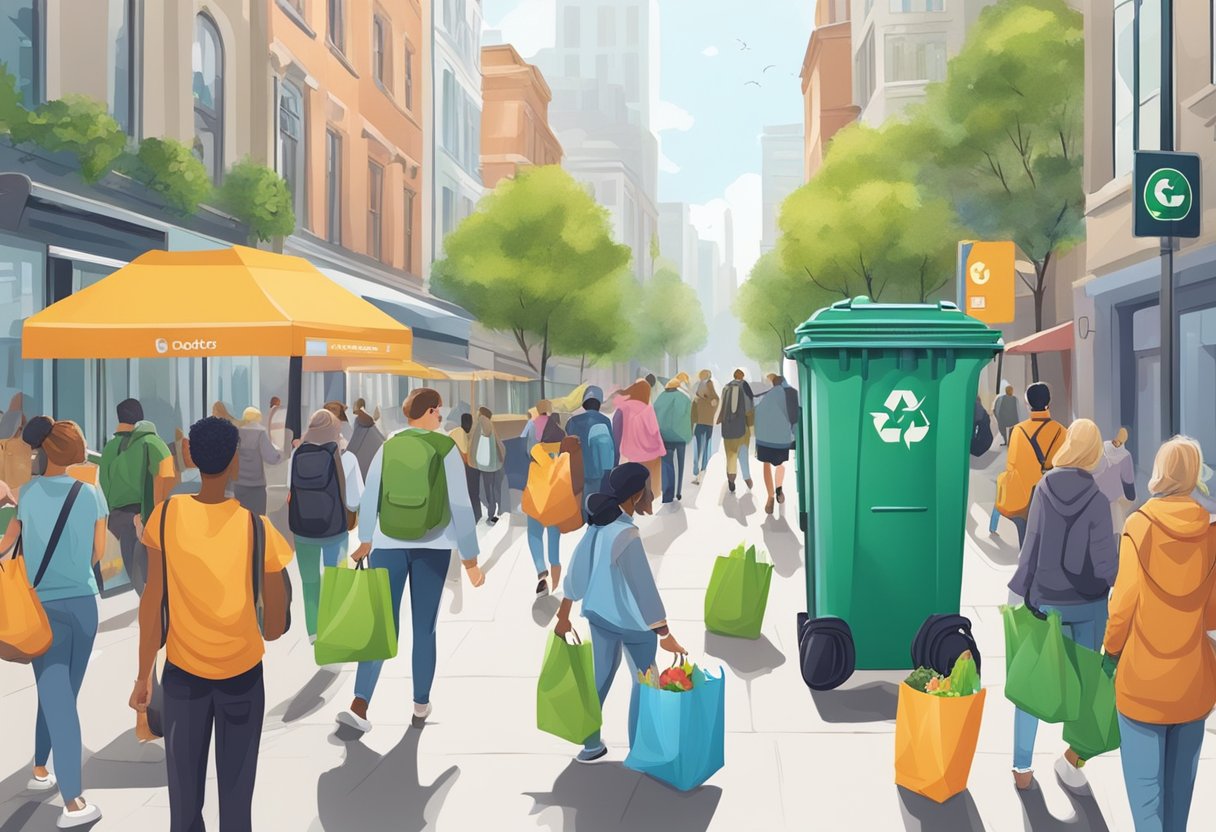 A bustling city street with people carrying eco-friendly bags and using compostable phone cases. A recycling bin overflows with plastic waste