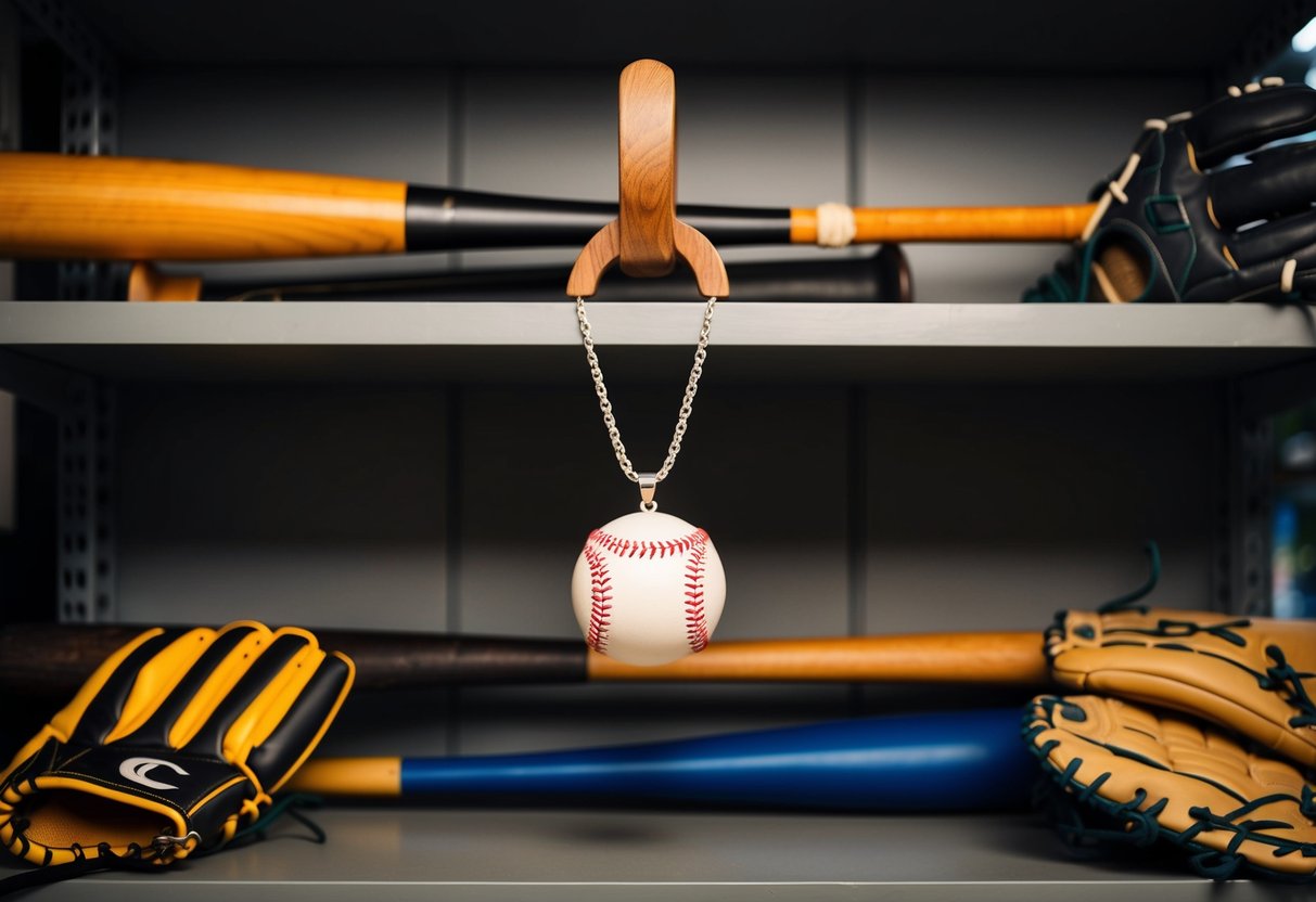 A baseball necklace hanging from a wooden hook, surrounded by baseball bats and gloves on a cluttered sports equipment shelf