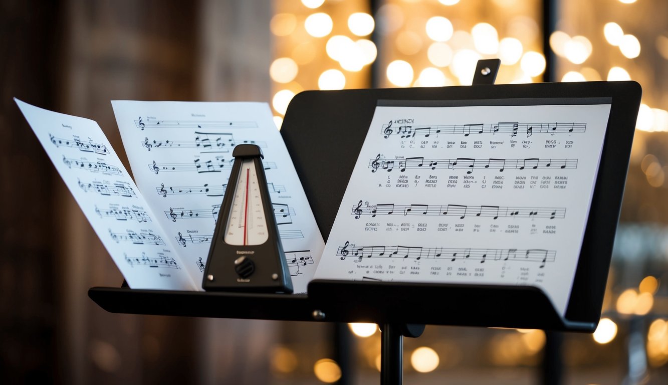 A music stand holds open sheet music with treble and bass clefs, notes, and rests. A metronome sits nearby