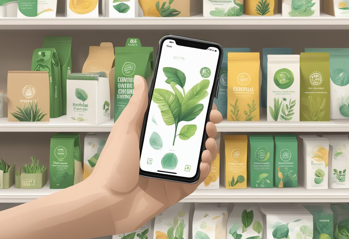 A hand reaches for a compostable phone case among a variety of options on a store shelf, showcasing the eco-friendly packaging and materials