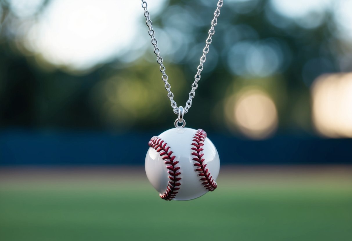 A baseball necklace suspended from a thin chain, with a small baseball charm hanging from it. The charm is detailed with red stitching and has a glossy finish