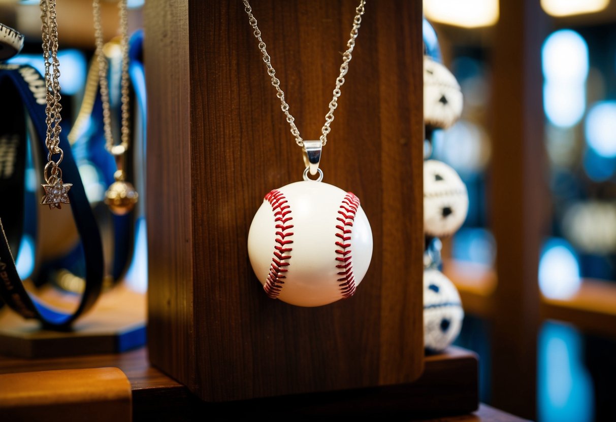 A baseball necklace hangs from a wooden display, surrounded by other sports-themed jewelry