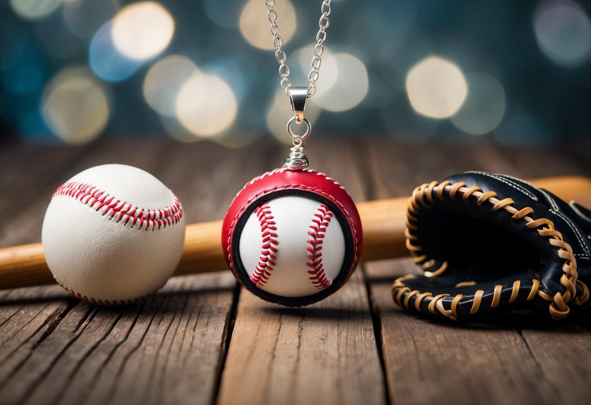 A baseball necklace made of leather and red stitching hangs from a silver chain, surrounded by a wooden bat, a glove, and a baseball