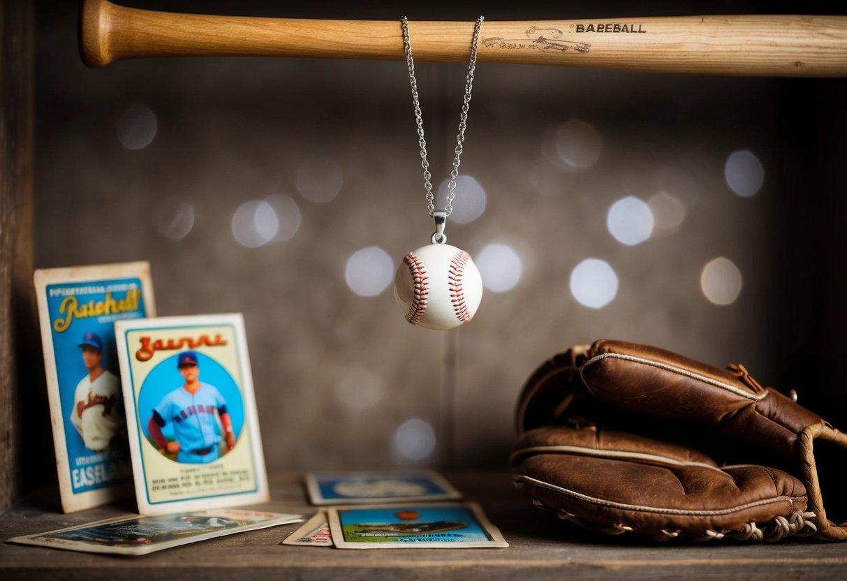 A baseball necklace hangs from a wooden bat, surrounded by vintage baseball cards and a worn leather glove on a dusty shelf