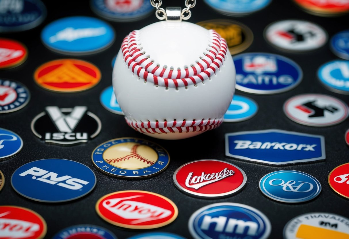 A baseball necklace surrounded by logos of popular brands and manufacturers