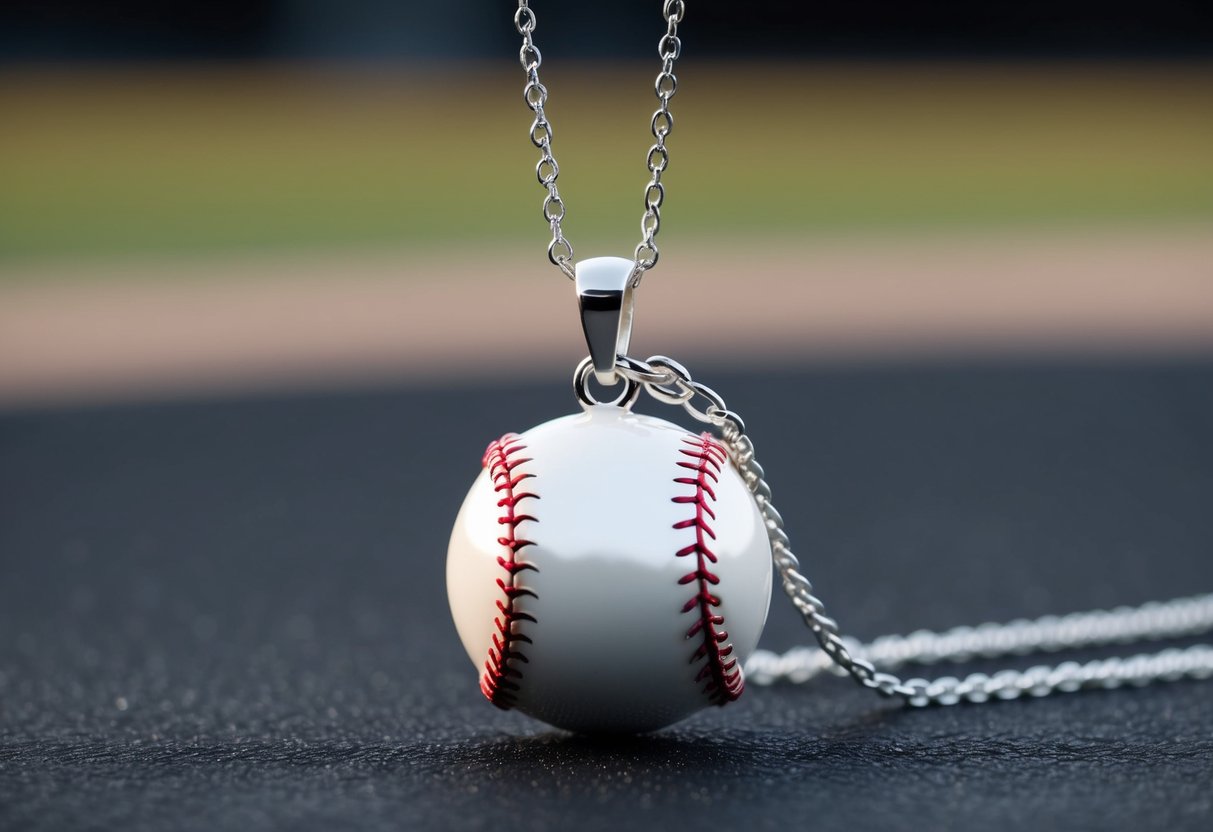 A baseball necklace with a silver chain and a pendant shaped like a baseball, complete with red stitching and a glossy finish