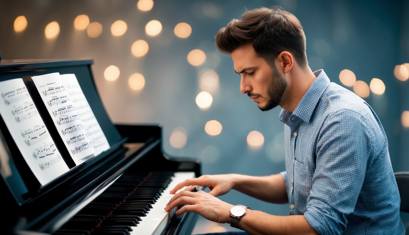 A beginner musician sits at a piano, focused on reading sheet music. Notes and symbols fill the page as they practice basic notation