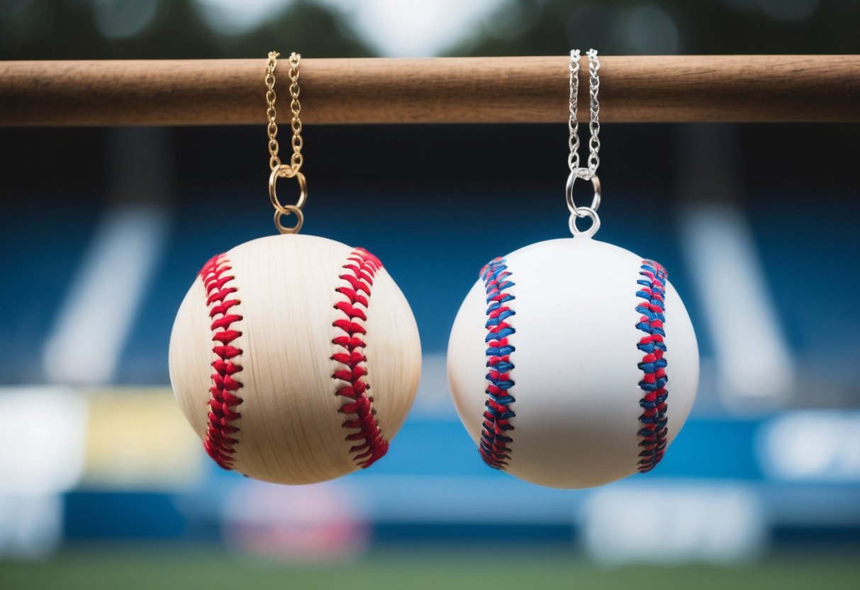 Two baseball necklaces hanging from a wooden hook, one with a red stitching pattern and the other with a blue stitching pattern